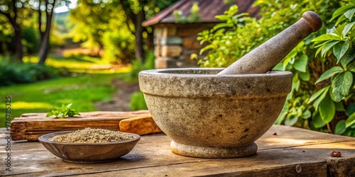 A rustic tool for grinding and crushing ingredients features a sturdy stone basin and a heavy pestle for