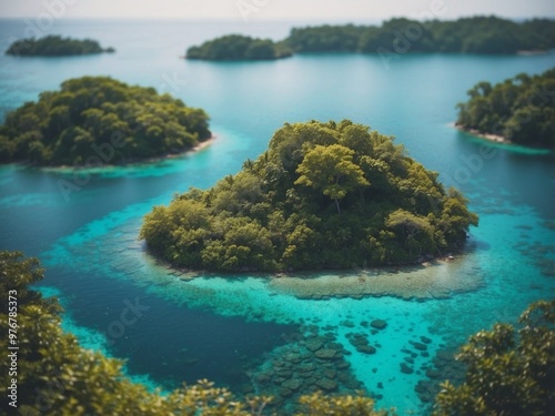 Aerial View of a Lush Tropical Island with a Turquoise Lagoon.