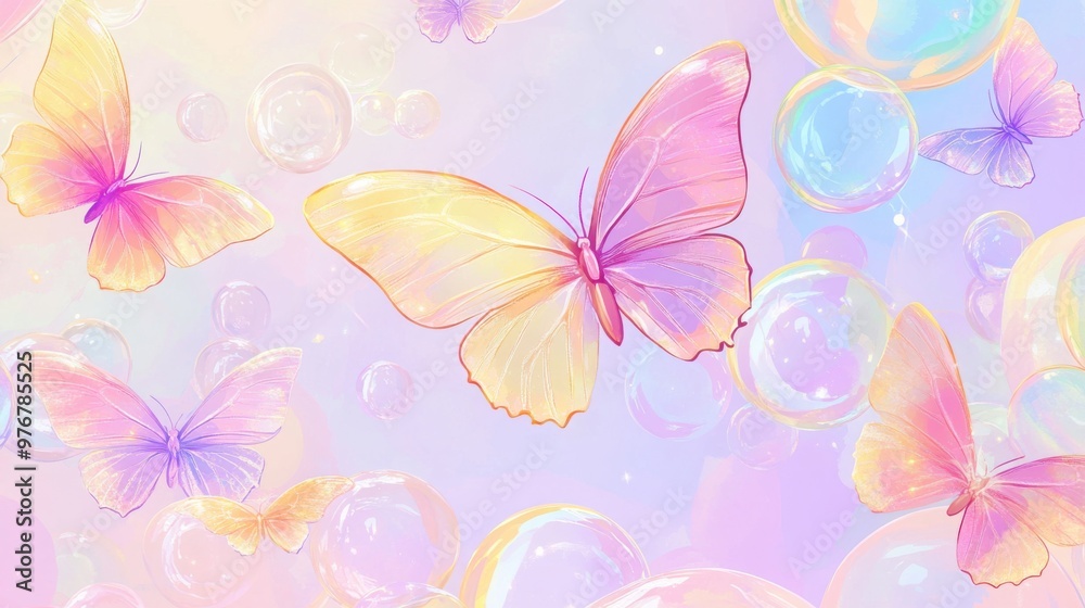 Colorful butterflies with translucent wings flutter above abstract bubbles in soft pastel backgrounds, creating a whimsical and dreamy atmosphere Colorful butterflies with translucent wings flutter above abstract bubbles in soft pastel backgrounds, creating a whimsical and dreamy atmosphere
