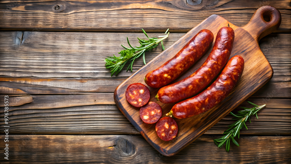 Raw Criollo chorizo on rustic wooden board. Top view with copy space, Chorizo crudo, Criollo, rustic, wooden board Raw Criollo chorizo on rustic wooden board. Top view with copy space, Chorizo crudo, Criollo, rustic, wooden board