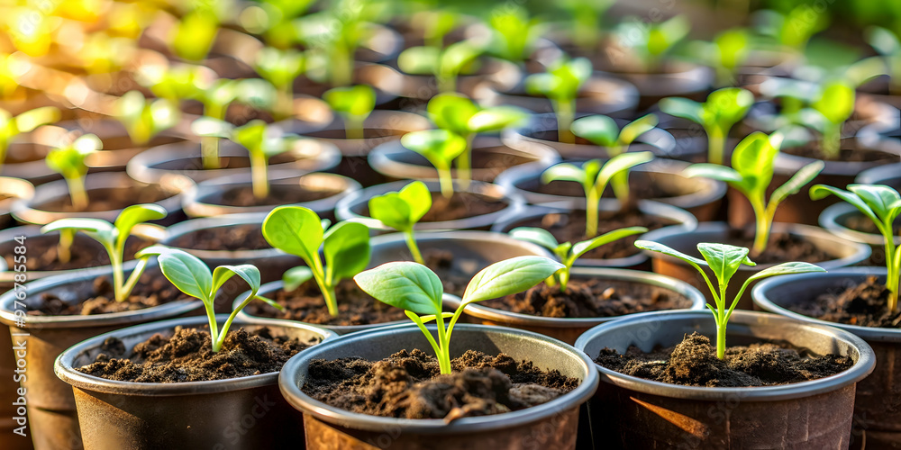 Close up of vegetable seedlings in small pots ready for planting , gardening, agriculture, plants, growth, seedlings Close up of vegetable seedlings in small pots ready for planting , gardening, agriculture, plants, growth, seedlings