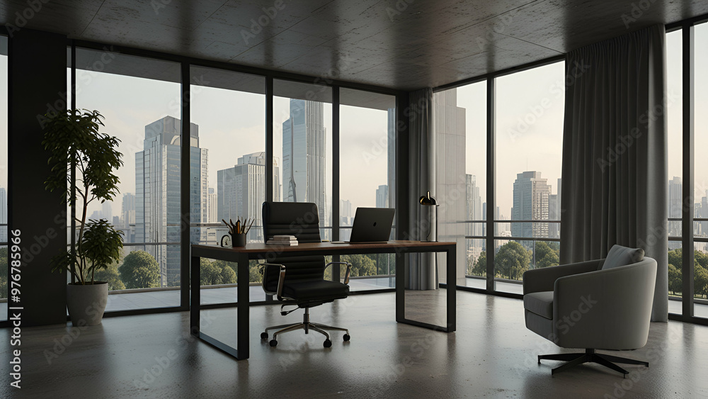 Fototapeta premium 3D rendering of a modern office desk with a computer and chair by a large window.