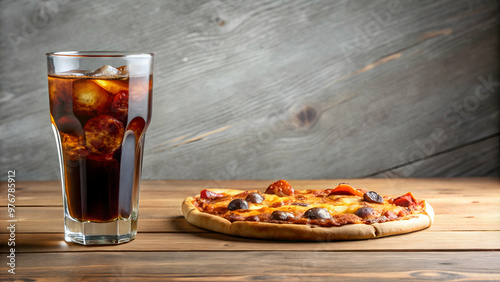 A glass of coke and a slice of pizza on a table, food, drink, refreshment, fast food, pizza slice, carbonated beverage, soda