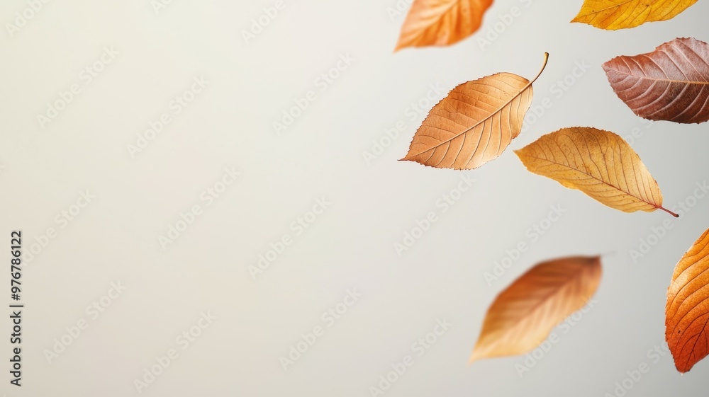 A few leaves are floating in the air above a white background A few leaves are floating in the air above a white background