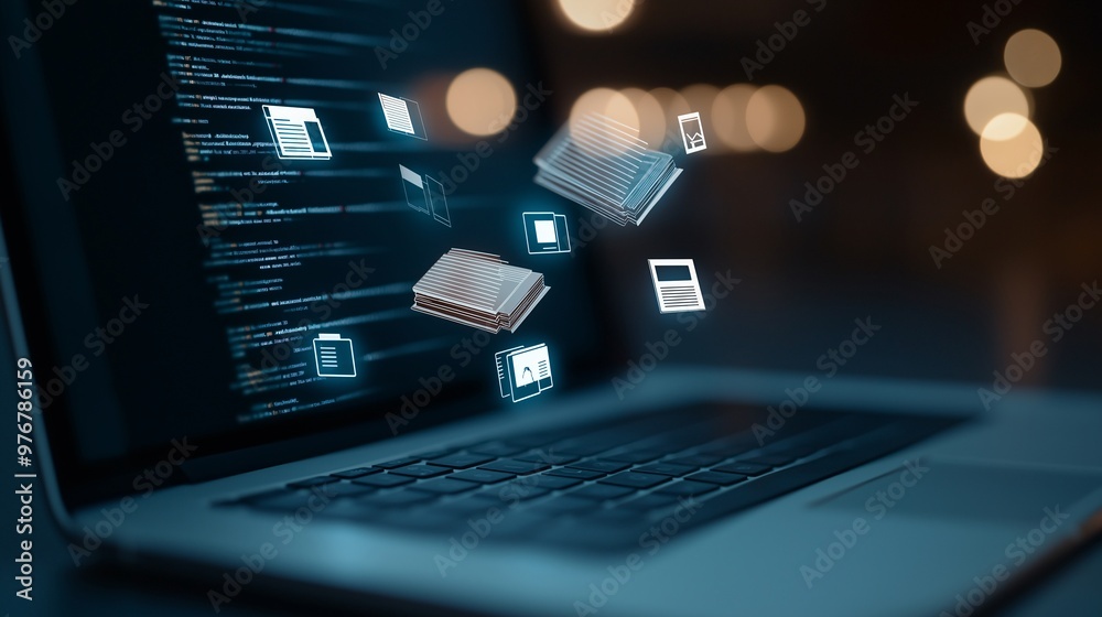 Digital Knowledge Transfer: Books levitate above a laptop keyboard, symbolizing the seamless flow of information in the digital age. A futuristic and abstract concept that evokes a sense of learning Digital Knowledge Transfer: Books levitate above a laptop keyboard, symbolizing the seamless flow of information in the digital age. A futuristic and abstract concept that evokes a sense of learning