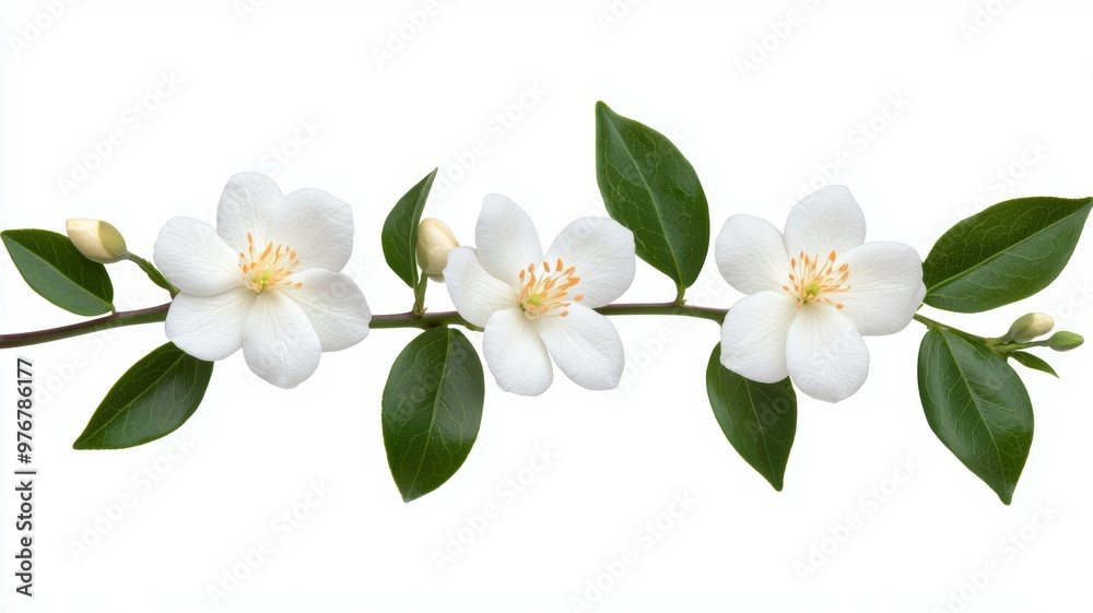 Three white flowers are on a branch Three white flowers are on a branch