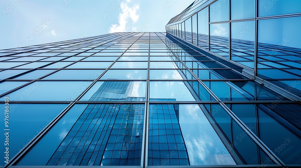 Modern skyscraper with a glass facade reflecting the blue sky and clouds. The building's geometric design and clean lines create a sense of contemporary architecture and urban sophistication. Modern skyscraper with a glass facade reflecting the blue sky and clouds. The building's geometric design and clean lines create a sense of contemporary architecture and urban sophistication.