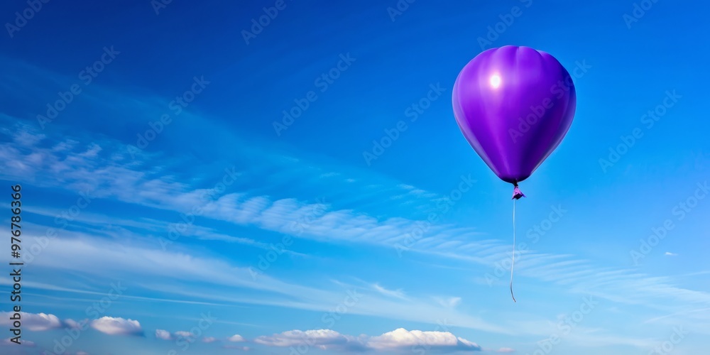 Obraz premium A solitary, radiant purple balloon drifts serenely through the cloudless expanse of a brilliant blue sky, its beauty