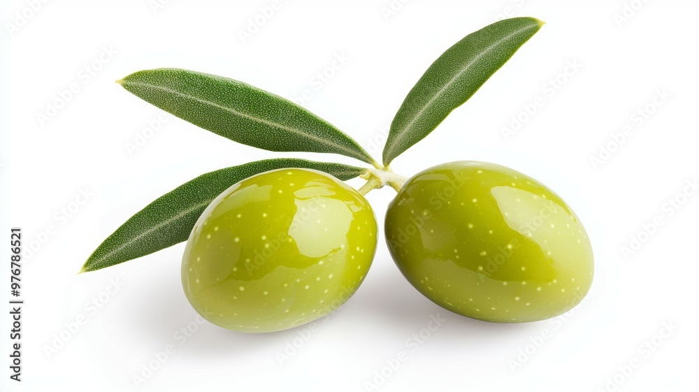 Obraz premium Two green olives with a leaf on top
