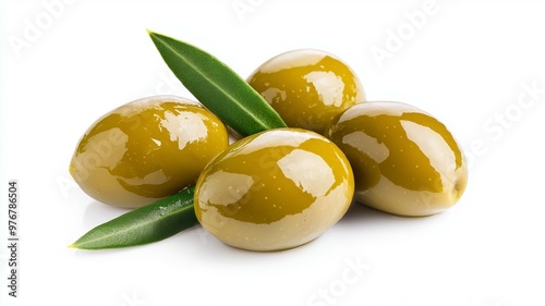 Four green olives with a leaf on top