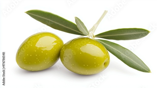 Two green olives on a white background