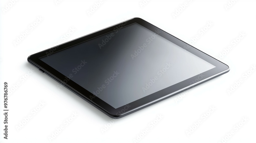 A black tablet with a gray screen sits on a white background A black tablet with a gray screen sits on a white background