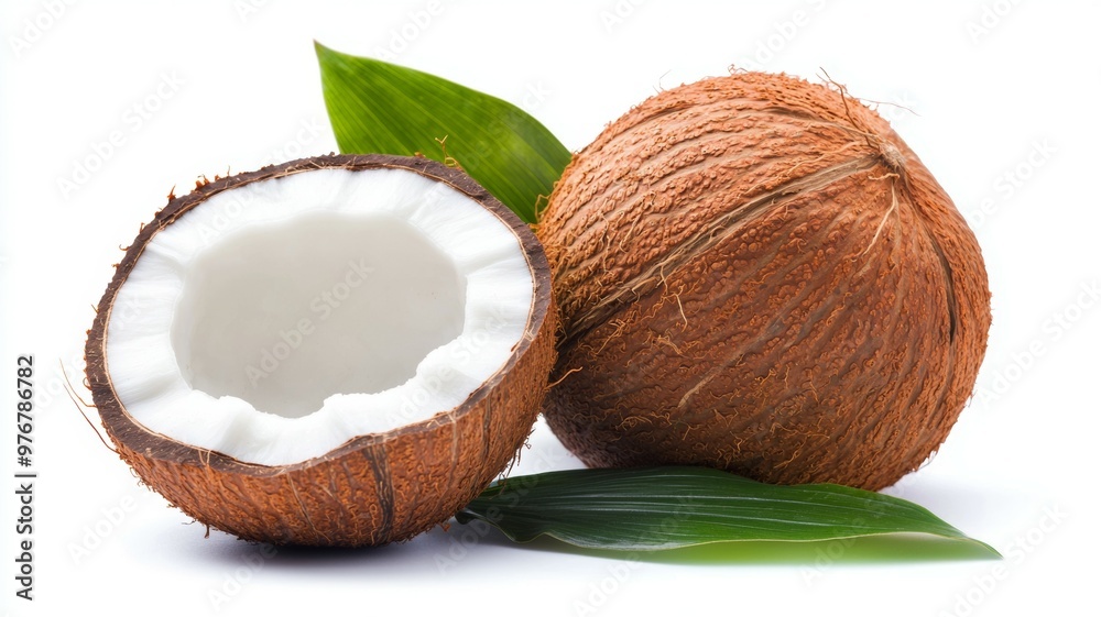 Two coconuts with one of them cut open Two coconuts with one of them cut open