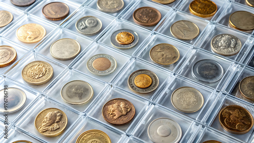 Photo of Italian and French old coins collection in a clear plastic sheet numismatic holder, numismatic, coins, collection, Italian photo