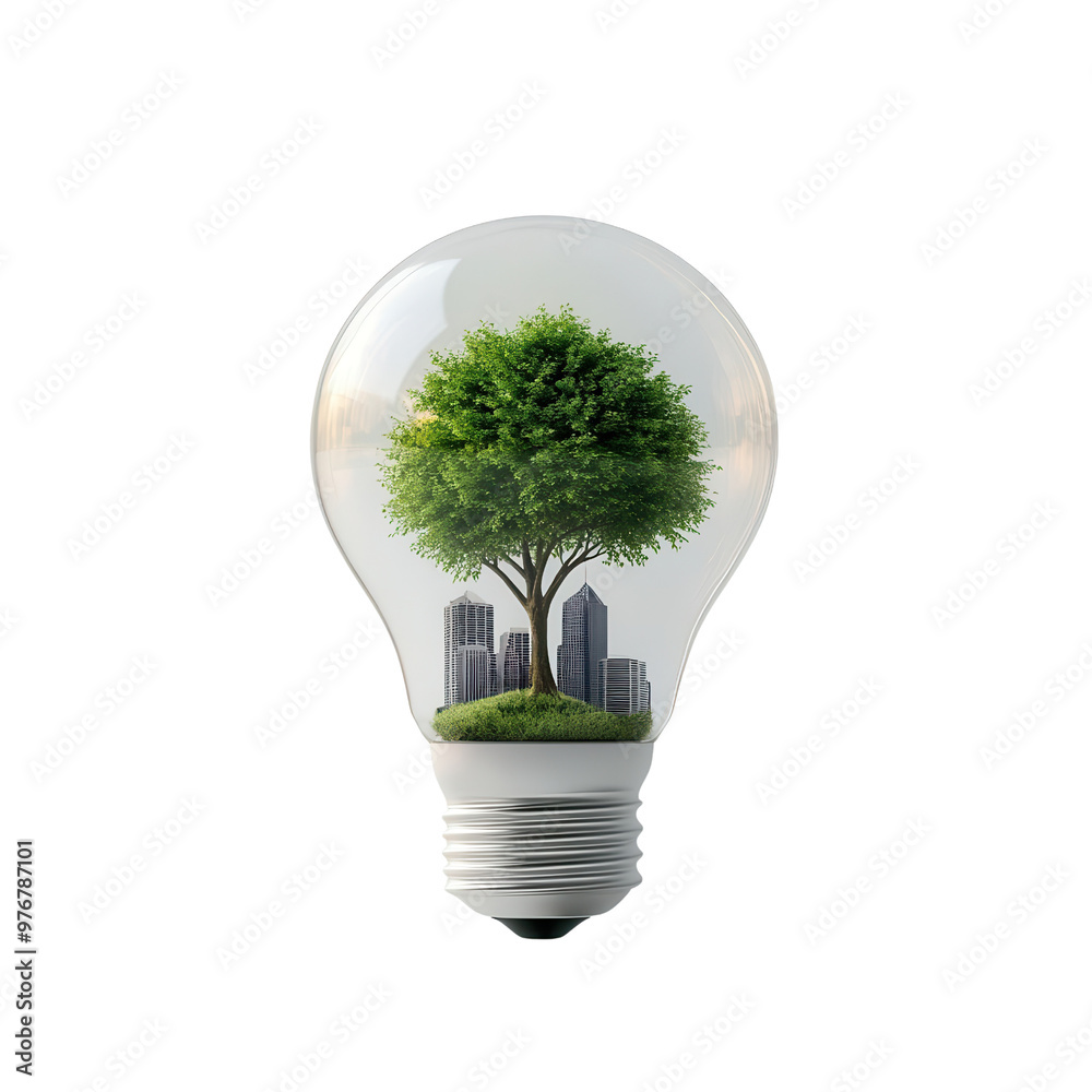A light bulb featuring a lush tree and modern buildings, symbolizing the connection between nature and urban life. A light bulb featuring a lush tree and modern buildings, symbolizing the connection between nature and urban life.