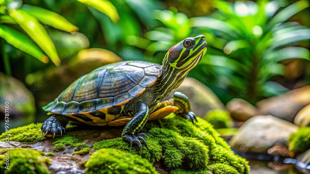 A tiny, green Vietnamese leaf turtle rests comfortably on a rock, its scaly body camouflaged among the lush A tiny, green Vietnamese leaf turtle rests comfortably on a rock, its scaly body camouflaged among the lush