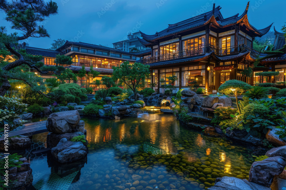 Obraz premium Chinese architecture at night, pavilions and towers