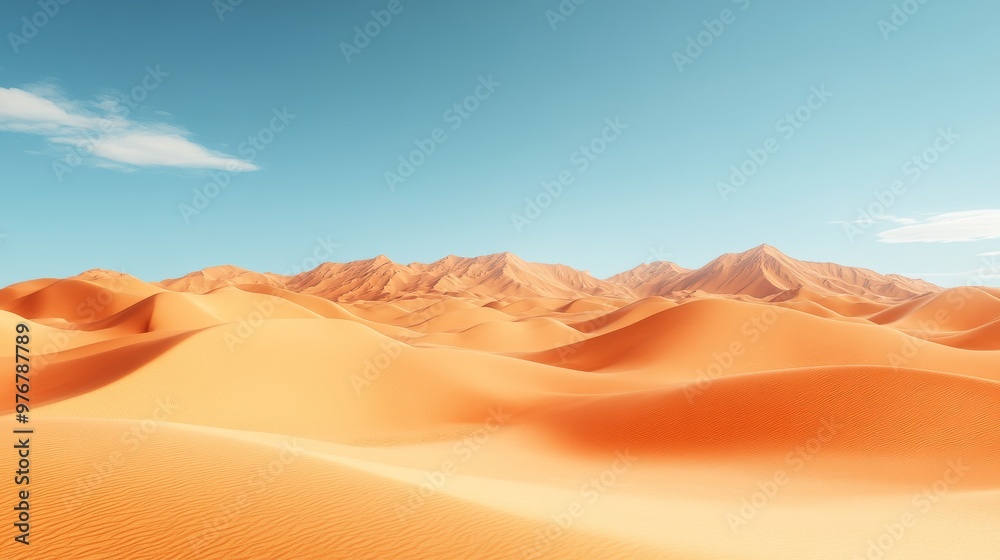 Naklejka premium Golden sand dunes stretch endlessly across the Sahara Desert in Egypt, contrasted by a brilliant blue sky above, embodying the tranquil beauty of this arid region