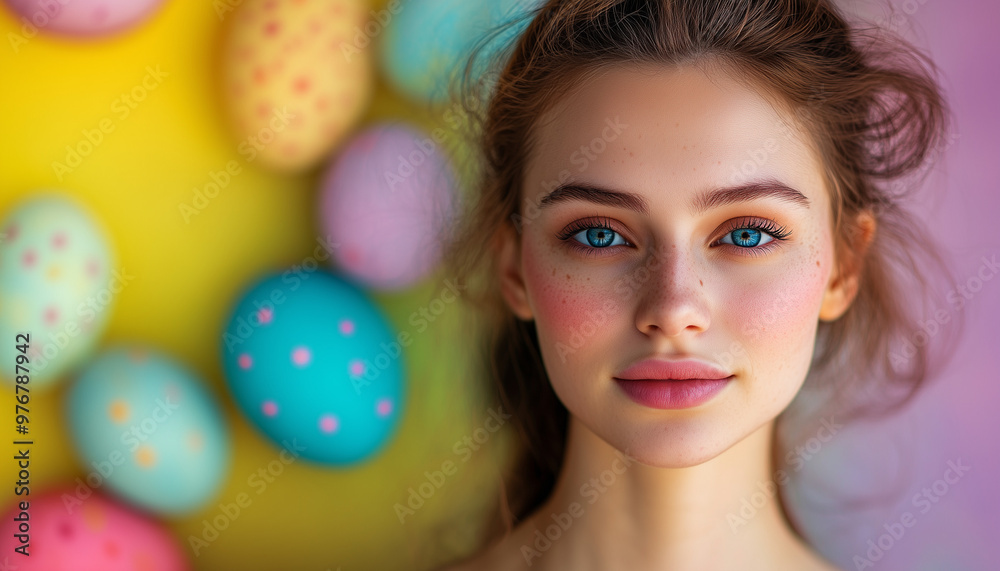 A young Caucasian woman with blue eyes and freckles stands in front of a vibrant backdrop of colorful Easter eggs, exuding a cheerful and festive atmosphere. A young Caucasian woman with blue eyes and freckles stands in front of a vibrant backdrop of colorful Easter eggs, exuding a cheerful and festive atmosphere.