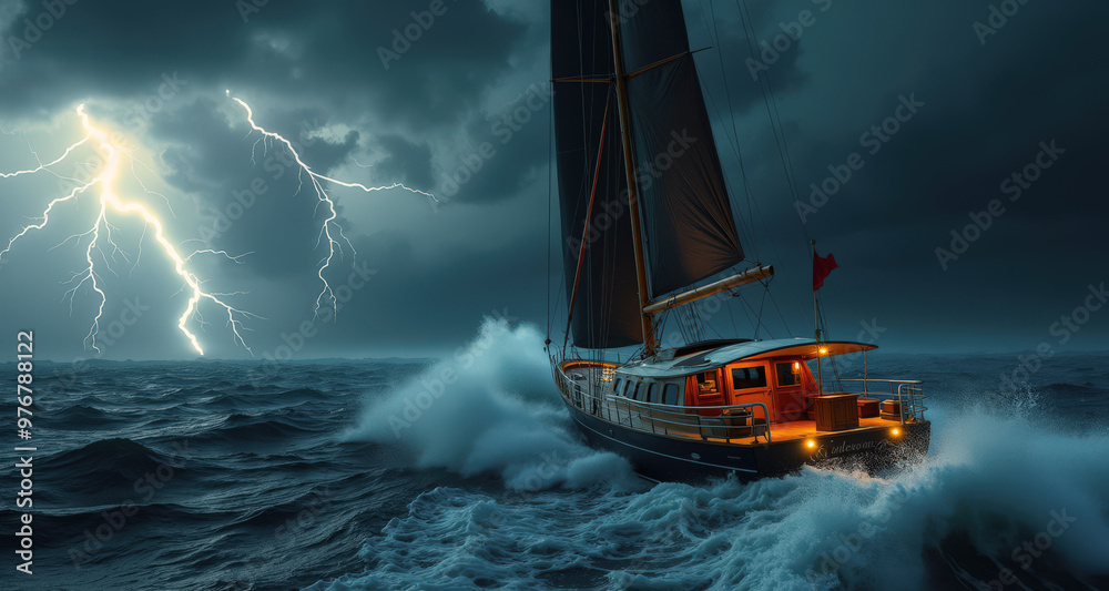 Obraz premium Une tempête féroce frappe un bateau à voile, ses voiles se battant contre des rafales intenses alors que l'équipage lutte pour garder le cap.