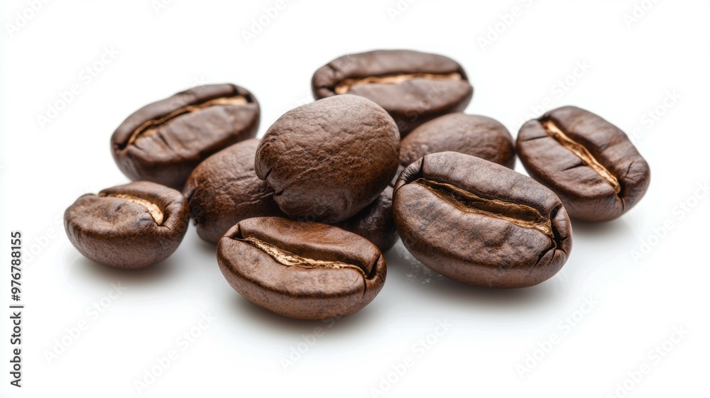 A pile of coffee beans with the beans spread out on a white background A pile of coffee beans with the beans spread out on a white background