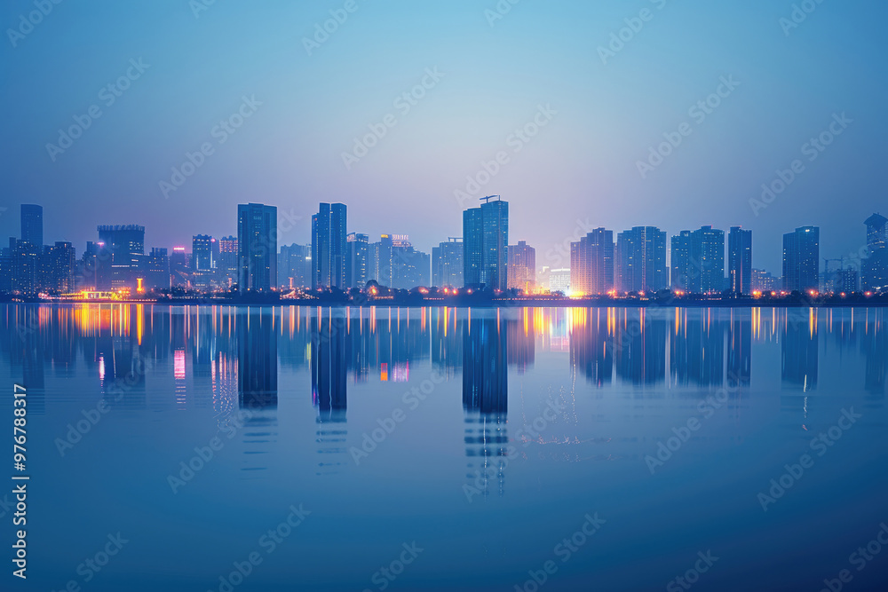 Fototapeta premium At night, the city's high-rise buildings by the lake