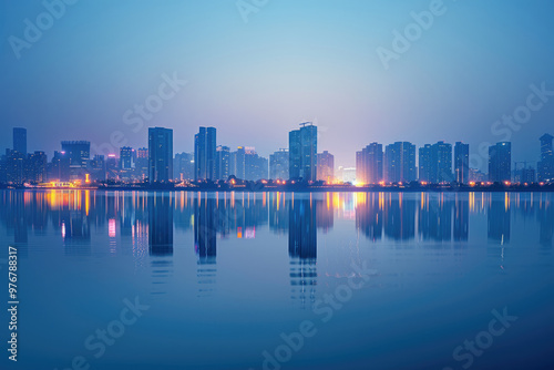 At night, the city's high-rise buildings by the lake