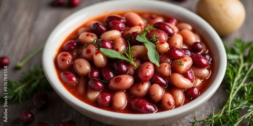 Close up top view of a bowl of stewed cranberry beans in tomato sauce with herbs on a table. Close up top view of a bowl of stewed cranberry beans in tomato sauce with herbs on a table.