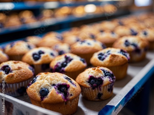 Rows of packaged blueberry muffins in a store. photo