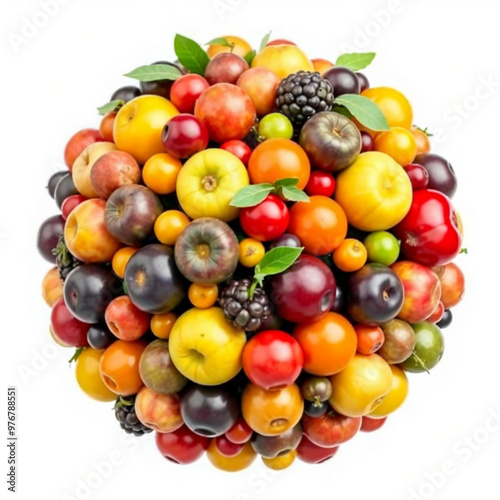 Round assortment of colorful fresh fruits arranged in a sphere