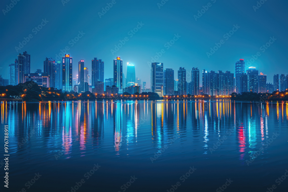 Obraz premium At night, the city's high-rise buildings by the lake