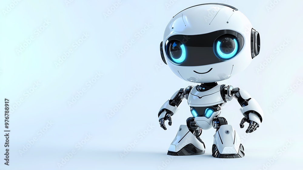 A Charming Cartoon Robot Radiates Positivity with Gleaming Metallic Features and Bright Blue Accents, Eliciting Joy and Fun. A Charming Cartoon Robot Radiates Positivity with Gleaming Metallic Features and Bright Blue Accents, Eliciting Joy and Fun.