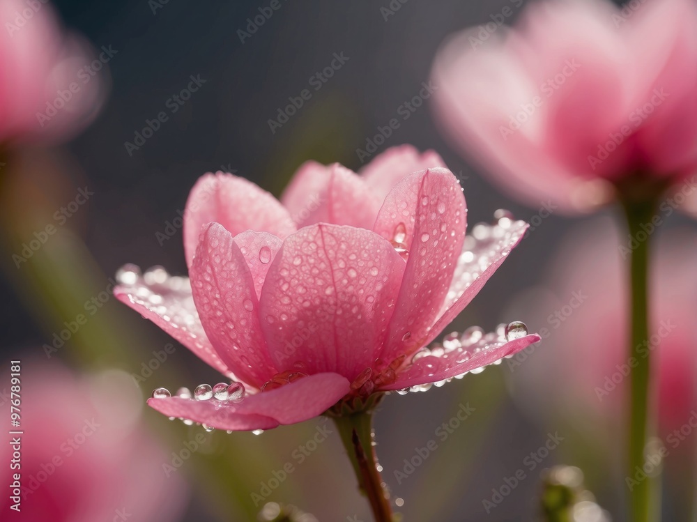 A tight shot of a pink bloom with dew on its petals and the floret at the core. A tight shot of a pink bloom with dew on its petals and the floret at the core.