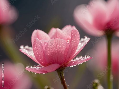 A tight shot of a pink bloom with dew on its petals and the floret at the core.