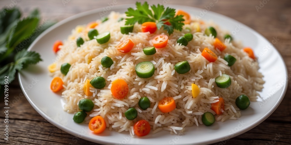 Delicious veggie rice on white plate wood background Focus on top. Delicious veggie rice on white plate wood background Focus on top.