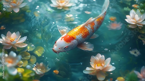 A serene pond with koi fish and blooming water lilies.