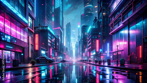 Futuristic cyberpunk cityscape at night with neon lights reflecting off the wet streets , Neon, Blade, City