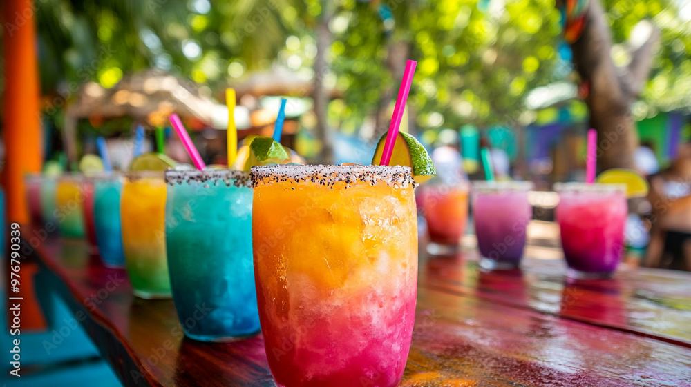 Fototapeta premium Enjoying colorful beverages at a vibrant outdoor celebration for National Taco Day