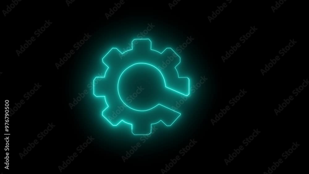 Neon glowing cyan color gear setting icon animation on black background. Technology setting icon. Technical concept and networking concept concept. Neon glowing cyan color gear setting icon animation on black background. Technology setting icon. Technical concept and networking concept concept.