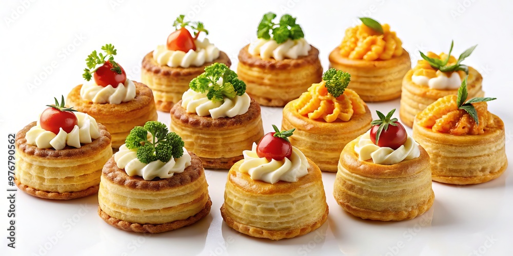 Delicate golden pastry cups filled with a variety of deliciousness, from savory to sweet, artfully arranged on a Delicate golden pastry cups filled with a variety of deliciousness, from savory to sweet, artfully arranged on a