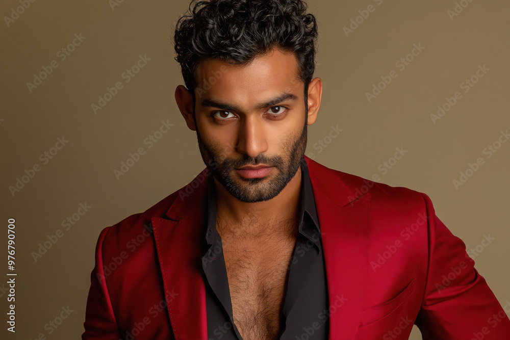 Obraz premium young indian man wearing red suit on beige color background