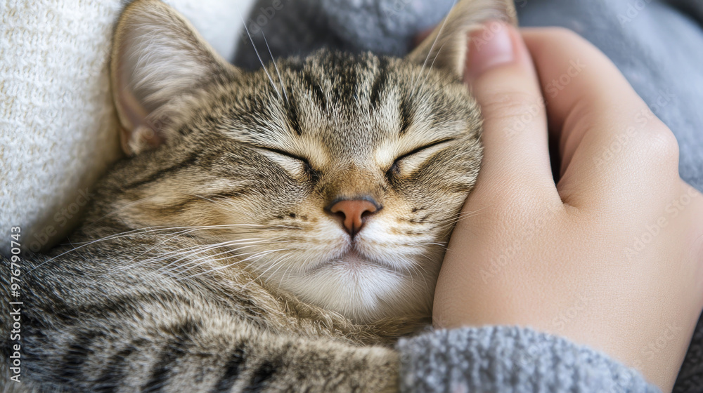 Contented cat curled up on its owners lap, purring softly. warm, cozy atmosphere enhances feeling of comfort and affection. Contented cat curled up on its owners lap, purring softly. warm, cozy atmosphere enhances feeling of comfort and affection.