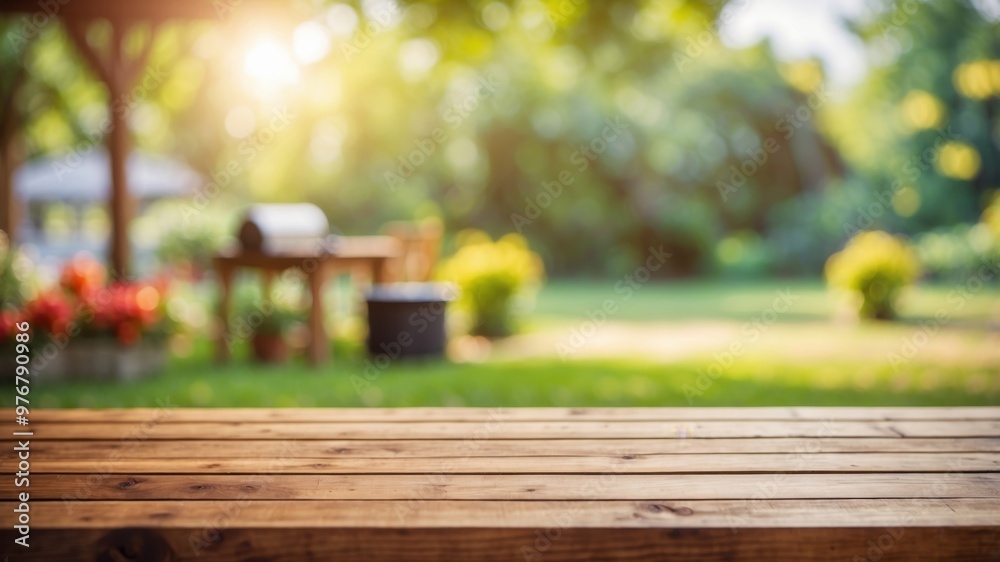 empty wooden table on blurred garden background with barbecue grill in summer. empty wooden table on blurred garden background with barbecue grill in summer.