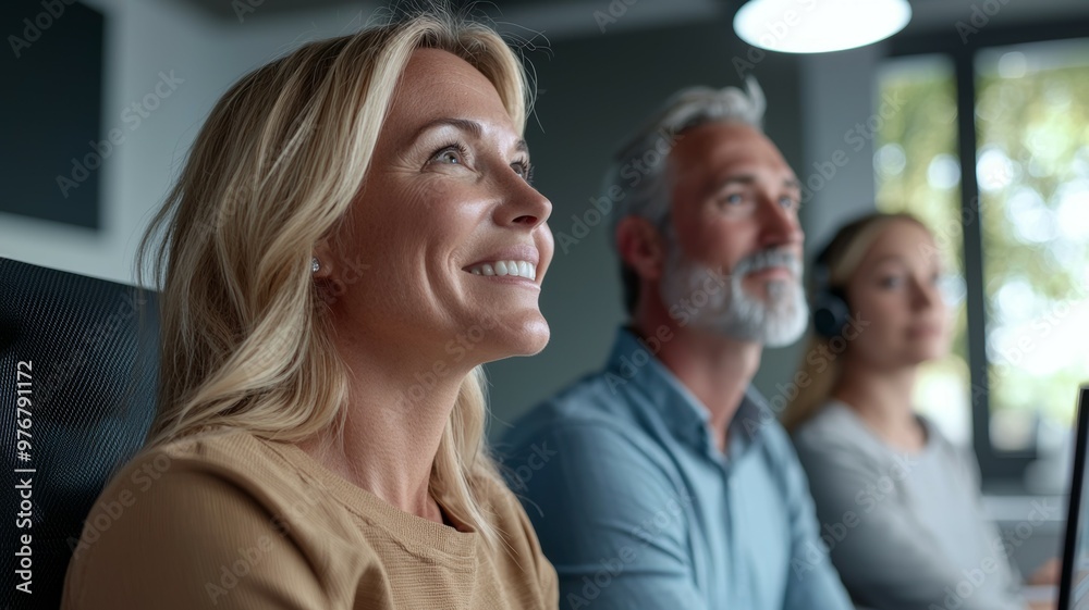 © top images - A woman with a smile on her face is sitting next to two men