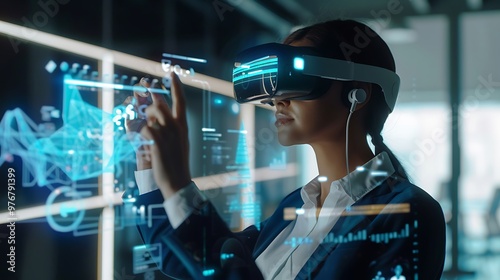 woman wearing a VR headset interacts with a digital interface showcasing futuristic technology data visualization. This image represents the potential of virtual reality in business and innovation.