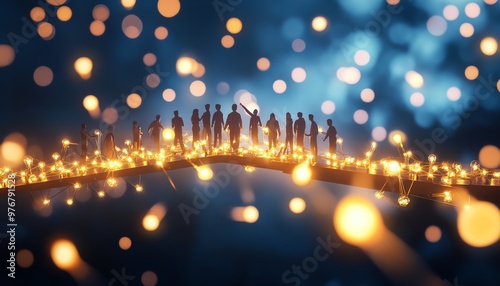 A group of people standing on a bridge surrounded by glowing lights against a dreamy, blue background.