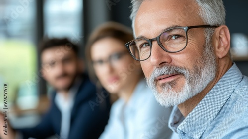 A man with glasses is sitting in a group of people