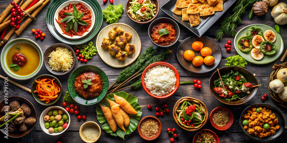 Various Asian dishes spread out on a table for a festive New Year celebration, Asian food, collection