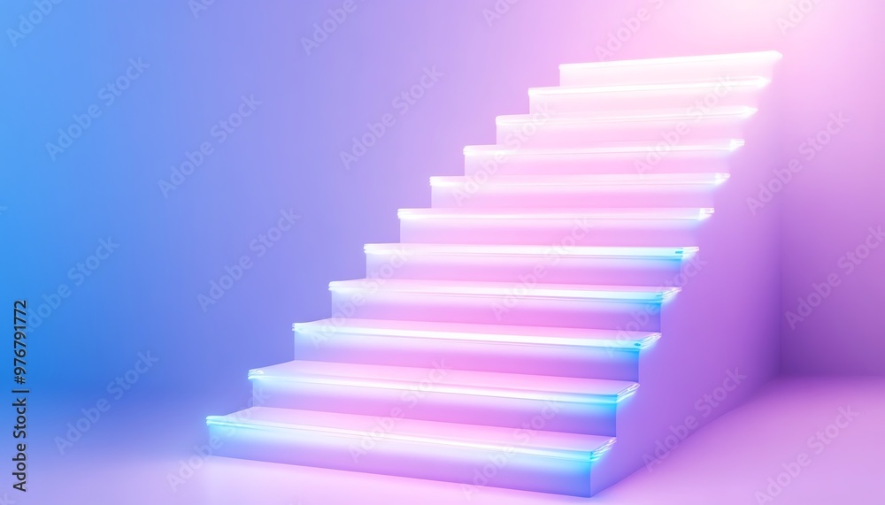 Abstract glowing stairs in pastel pink and blue light, representing a futuristic, creative, and inspiring concept. Abstract glowing stairs in pastel pink and blue light, representing a futuristic, creative, and inspiring concept.