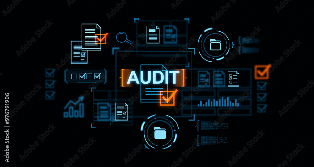 Glowing audit hologram icons, data analysis and certification Glowing audit hologram icons, data analysis and certification